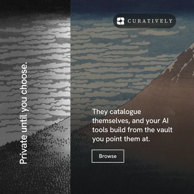 Instagram post for Curatively: "Private until you choose." Editorial style, vertical layout, dark palette in black, grey.