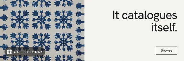 X header for Curatively: "It catalogues itself." Editorial style, right layout, light palette in white, grey.