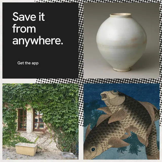 Instagram post for Curatively: "Save it from anywhere." Swiss style, collage layout, dark palette in black, grey, white.