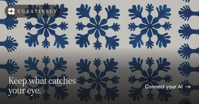 Social ad for Curatively: "Keep what catches your eye." Editorial style, image led layout, dark palette in grey, blue.