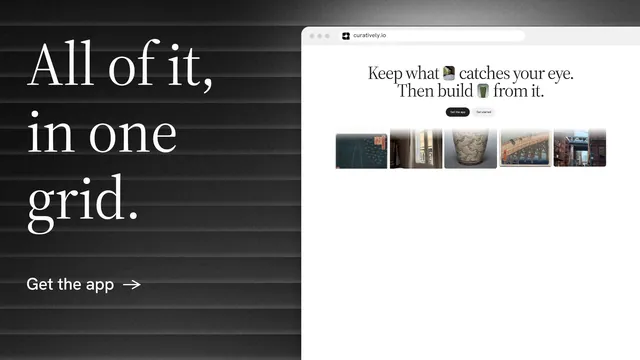 Landscape graphic for Curatively: "All of it, in one grid." Minimal luxury style, browser layout, light palette in white, black, grey.