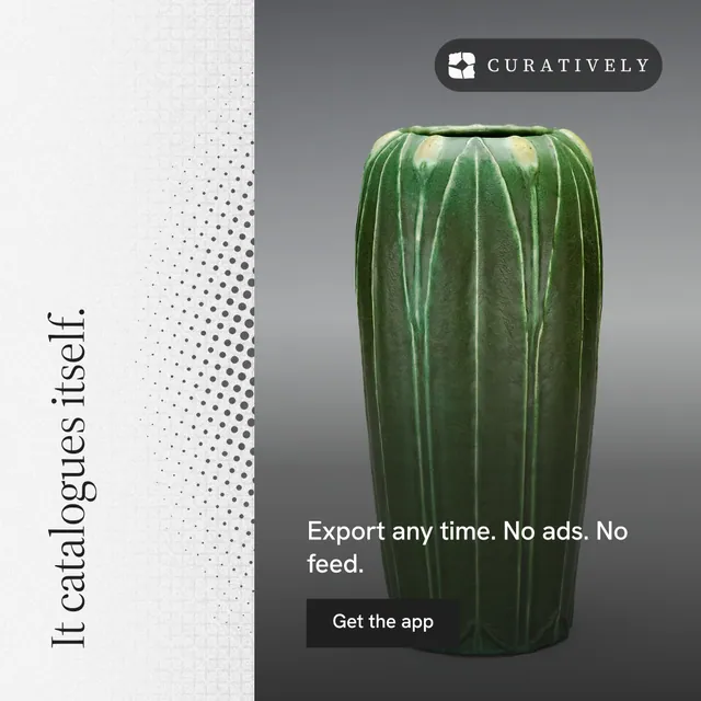 Instagram post for Curatively: "It catalogues itself." Split block style, vertical layout, light palette in grey, black, white.