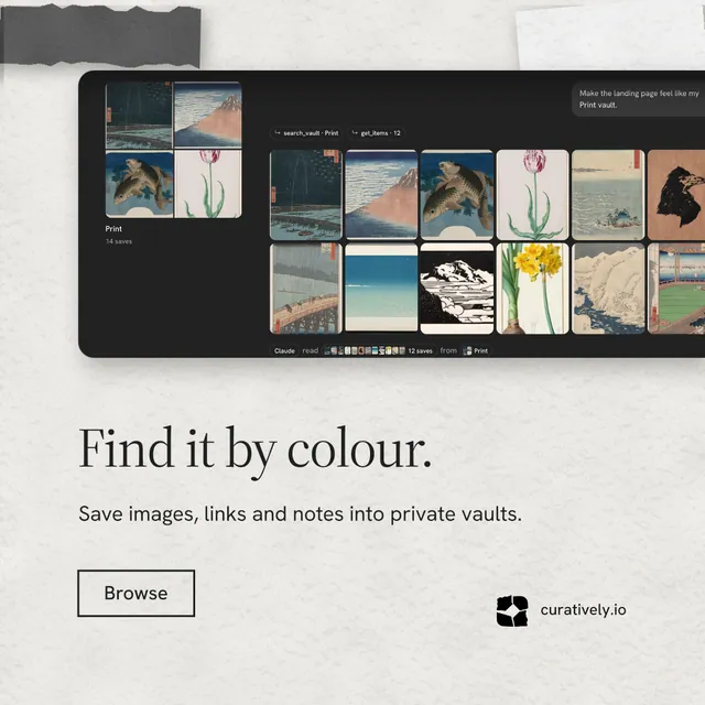 Instagram post for Curatively: "Find it by colour." Editorial style, bottom layout, light palette in white, black, grey.