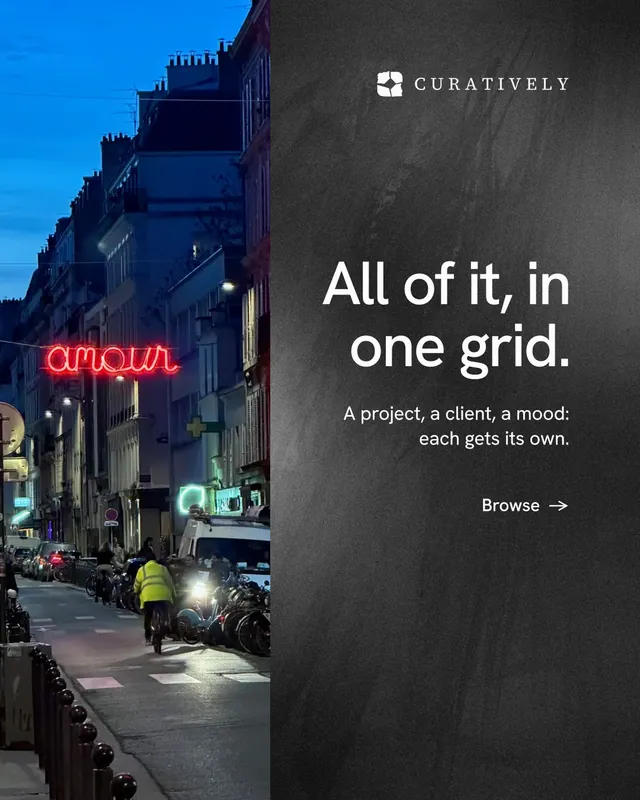 Instagram portrait post for Curatively: "All of it, in one grid." Minimal luxury style, right layout, dark palette in black, blue, grey.