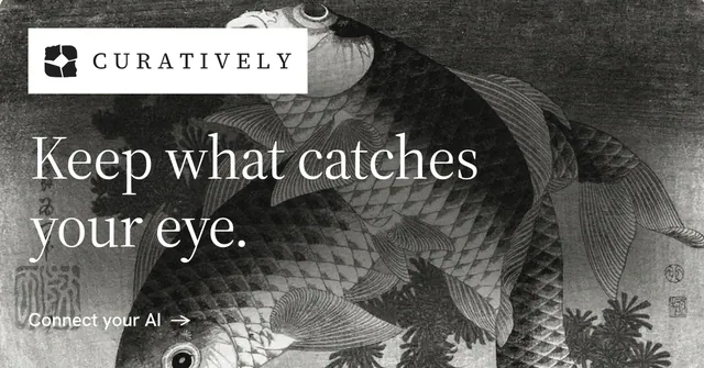 Social ad for Curatively: "Keep what catches your eye." Minimal luxury style, announce layout, dark palette in grey, black, white.