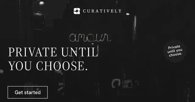 Social ad for Curatively: "Private until you choose." Editorial style, sticker layout, dark palette in black.