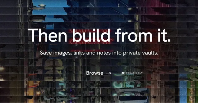 Social ad for Curatively: "Then build from it." Minimal luxury style, centred layout, dark palette in black, grey, red.