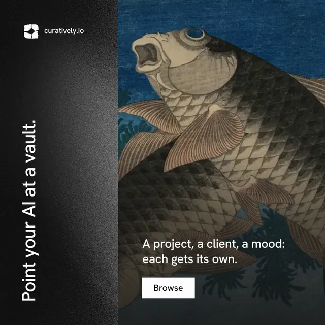 Instagram post for Curatively: "Point your AI at a vault." Swiss style, vertical layout, dark palette in blue, grey, black.