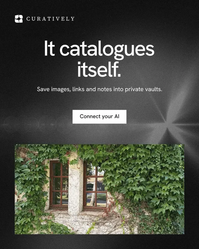 Instagram portrait post for Curatively: "It catalogues itself." Swiss style, centred layout, dark palette in black, grey.