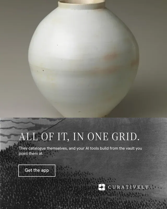 Instagram portrait post for Curatively: "All of it, in one grid." Editorial style, bottom layout, light palette in grey, black, white.