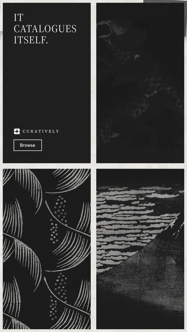 Instagram story for Curatively: "It catalogues itself." Editorial style, collage layout, dark palette in black, grey.