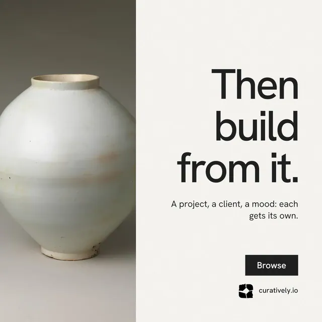 Instagram post for Curatively: "Then build from it." Swiss style, right layout, light palette in white, grey.
