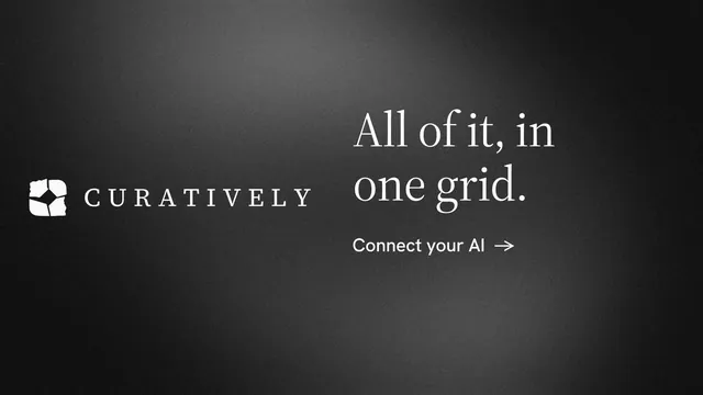 Landscape graphic for Curatively: "All of it, in one grid." Minimal luxury style, logo hero layout, dark palette in black, grey.