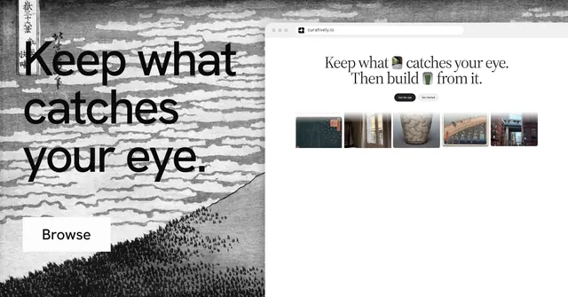 Social ad for Curatively: "Keep what catches your eye." Swiss style, browser layout, light palette in white, grey.