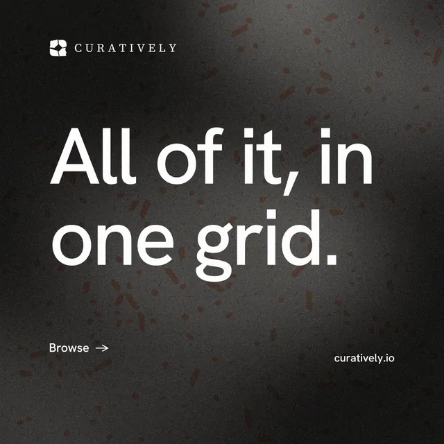 Instagram post for Curatively: "All of it, in one grid." Minimal luxury style, poster layout, dark palette in black, grey.
