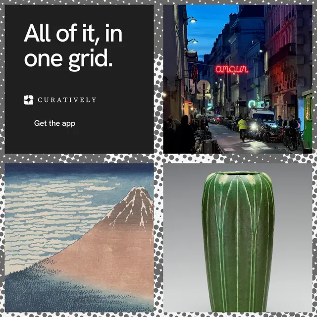 Instagram post for Curatively: "All of it, in one grid." Swiss style, collage layout, dark palette in black, grey.