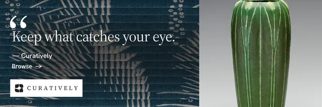 X header for Curatively: "Find it by colour." Minimal luxury style, quote layout, dark palette in grey, blue, black.