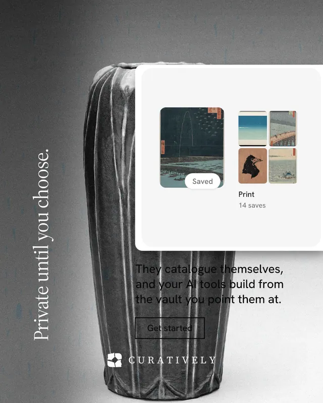 Instagram portrait post for Curatively: "Private until you choose." Editorial style, vertical layout, light palette in grey, black, white.