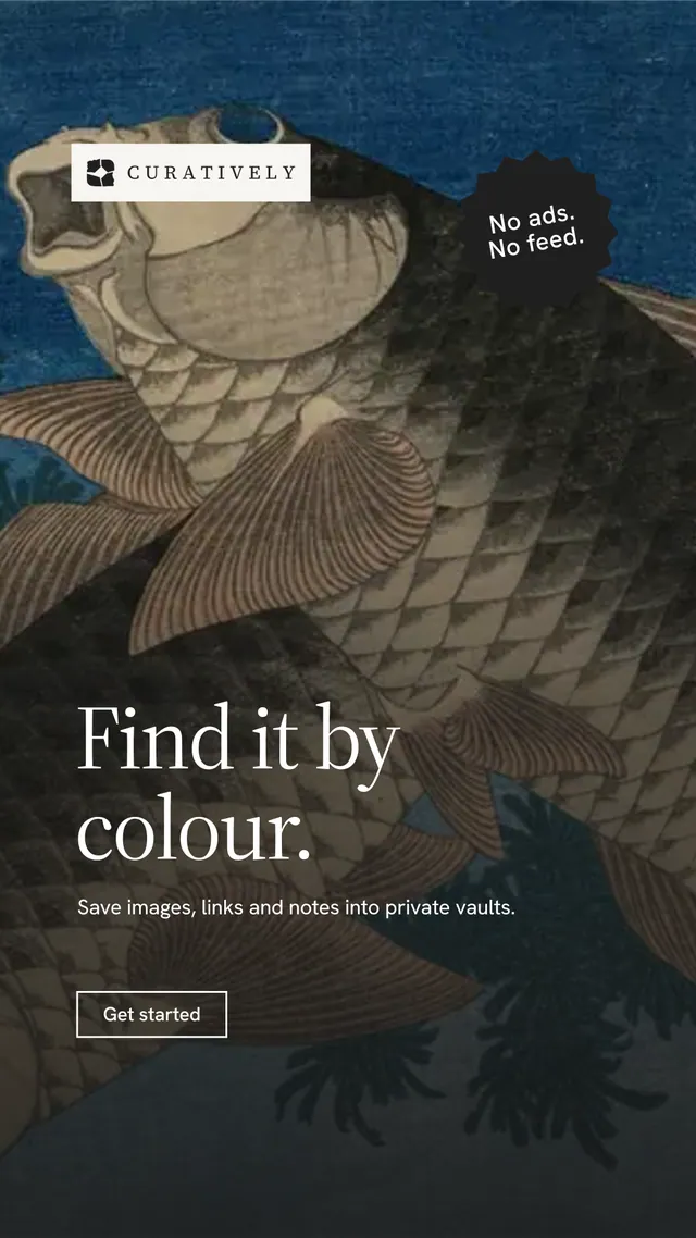Instagram story for Curatively: "Find it by colour." Editorial style, sticker layout, dark palette in black, grey, blue.