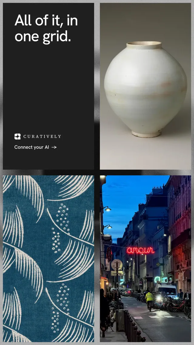 Instagram story for Curatively: "All of it, in one grid." Minimal luxury style, collage layout, dark palette in grey, black, blue.