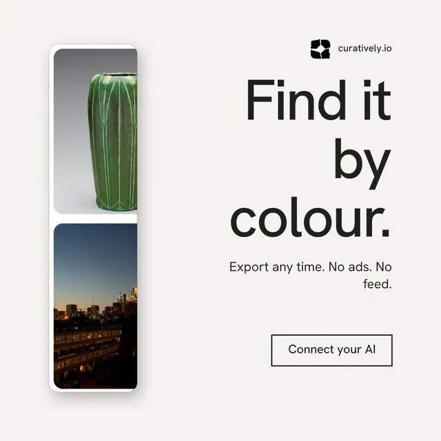 Instagram post for Curatively: "Find it by colour." Editorial style, right layout, light palette in white, grey.