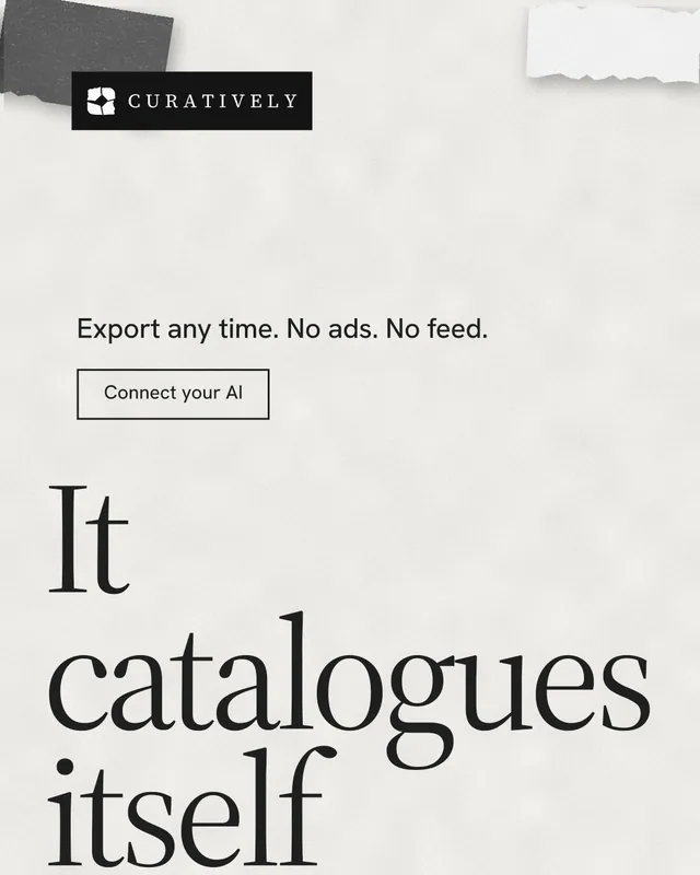 Instagram portrait post for Curatively: "Save it from anywhere." Editorial style, oversized layout, light palette in white, grey.