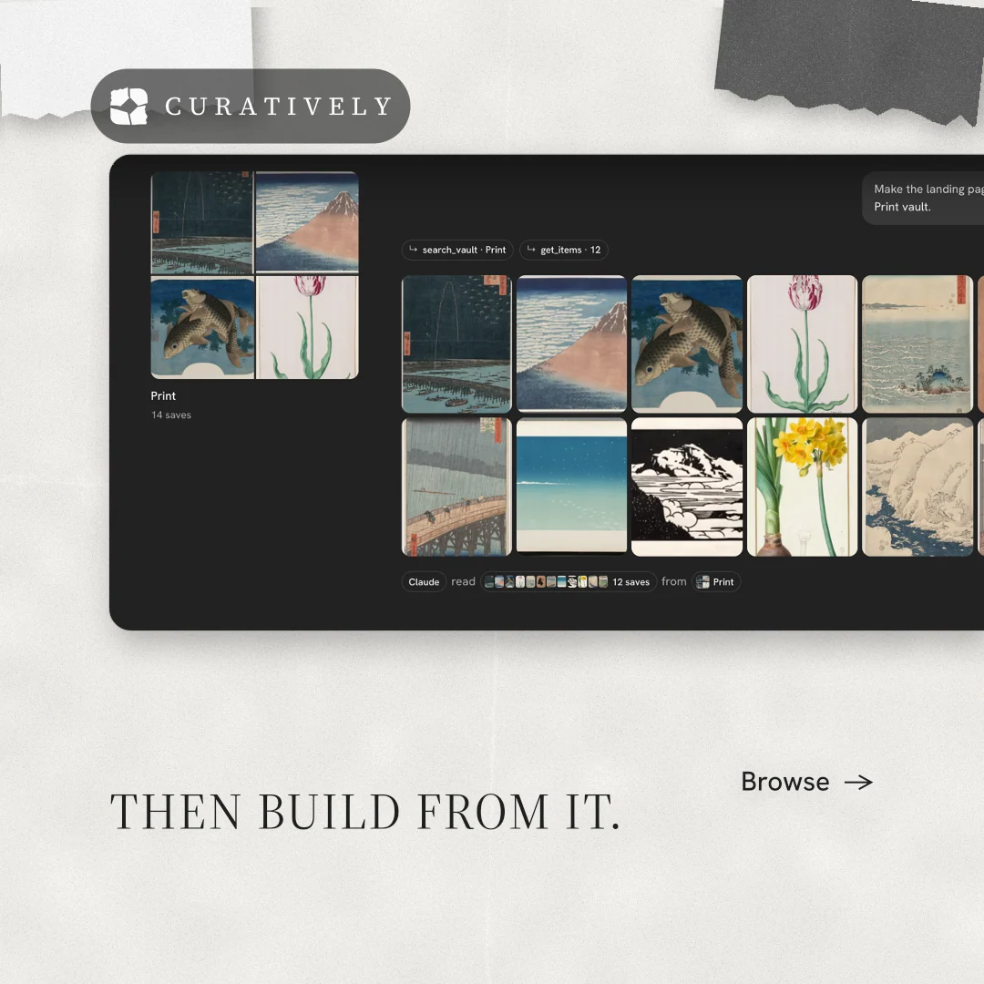 Instagram post for Curatively: "Then build from it." Editorial style, image led layout, light palette in white, black, grey.