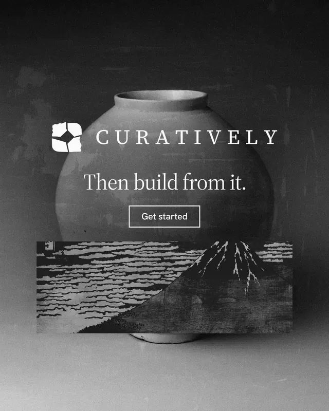 Instagram portrait post for Curatively: "Then build from it." Editorial style, logo hero layout, dark palette in black, grey.