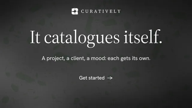 Landscape graphic for Curatively: "It catalogues itself." Minimal luxury style, centred layout, dark palette in black, grey.