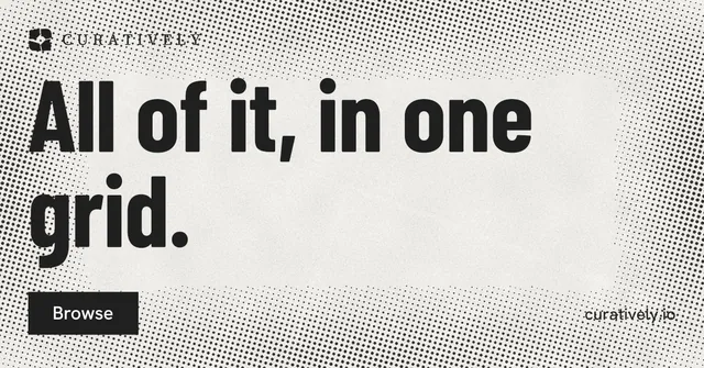 Social ad for Curatively: "All of it, in one grid." Retro print style, poster layout, light palette in grey, white.