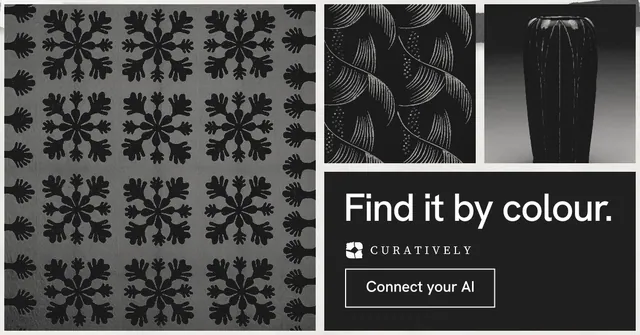 Social ad for Curatively: "Find it by colour." Editorial style, collage layout, dark palette in grey, black.