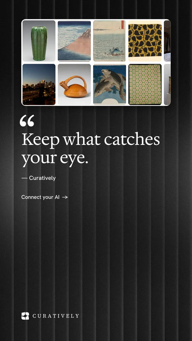Instagram story for Curatively: "Keep what catches your eye." Minimal luxury style, quote layout, dark palette in black, grey.