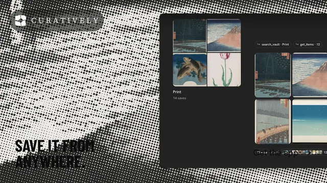 Landscape graphic for Curatively: "Save it from anywhere." Retro print style, image led layout, light palette in grey, black.