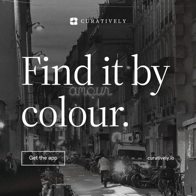 Instagram post for Curatively: "Find it by colour." Editorial style, poster layout, dark palette in black, grey.