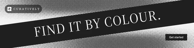 LinkedIn banner for Curatively: "Find it by colour." Split block style, diagonal layout, dark palette in grey, black.