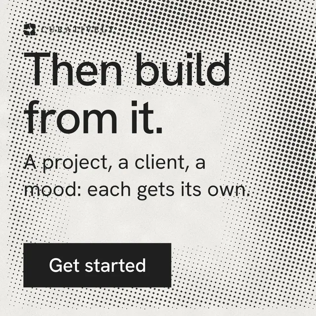 Instagram post for Curatively: "Then build from it." Swiss style, skeleton layout, light palette in grey, white.
