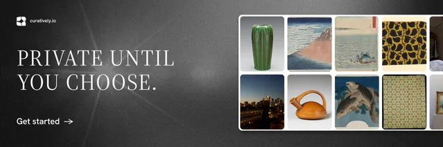 X header for Curatively: "Private until you choose." Minimal luxury style, bottom layout, dark palette in grey, black.