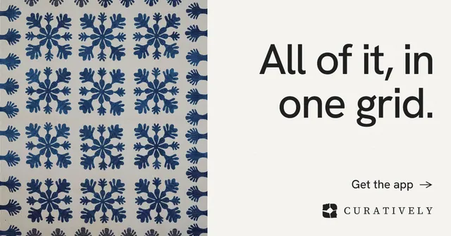 Social ad for Curatively: "All of it, in one grid." Minimal luxury style, right layout, light palette in white, grey.