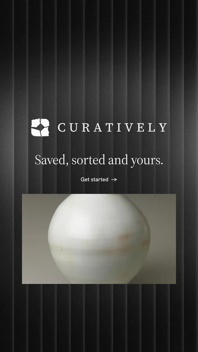 Instagram story for Curatively: "Saved, sorted and yours." Minimal luxury style, logo hero layout, dark palette in black, grey.