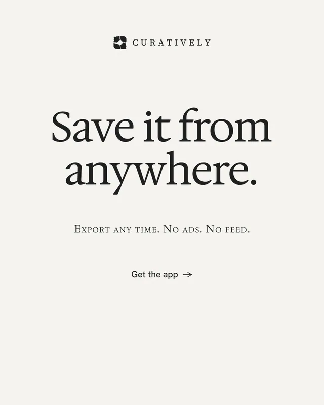 Instagram portrait post for Curatively: "Save it from anywhere." Editorial style, smallcaps layout, light palette in white, grey.