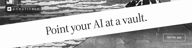 LinkedIn banner for Curatively: "Point your AI at a vault." Editorial style, diagonal layout, light palette in white, grey.