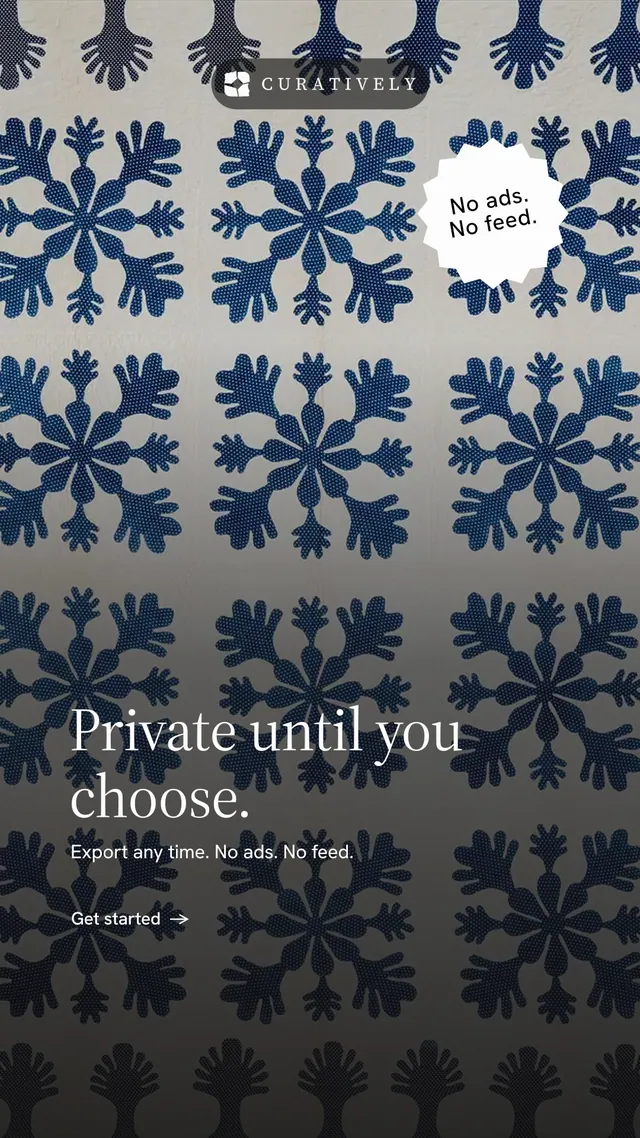 Instagram story for Curatively: "Private until you choose." Minimal luxury style, sticker layout, dark palette in grey, black, blue.