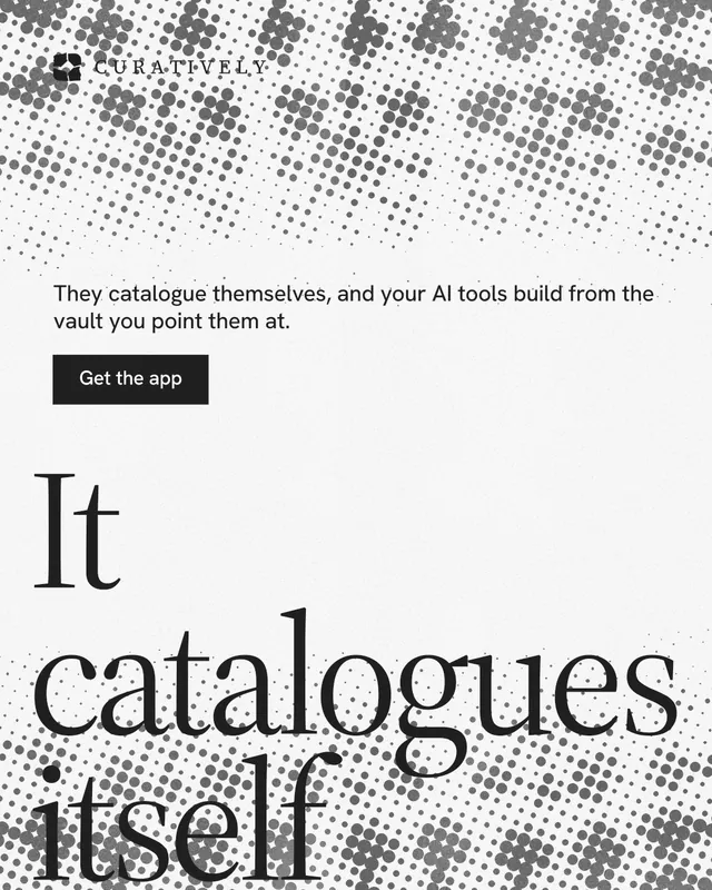 Instagram portrait post for Curatively: "All of it, in one grid." Split block style, oversized layout, light palette in white, grey.
