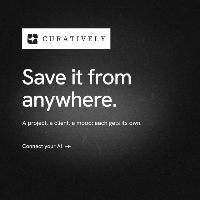 Instagram post for Curatively: "Save it from anywhere." Minimal luxury style, announce layout, dark palette in black, grey.