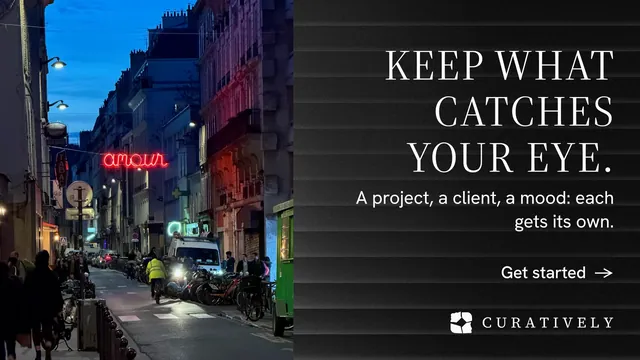 Landscape graphic for Curatively: "Keep what catches your eye." Minimal luxury style, right layout, dark palette in black, grey, blue.