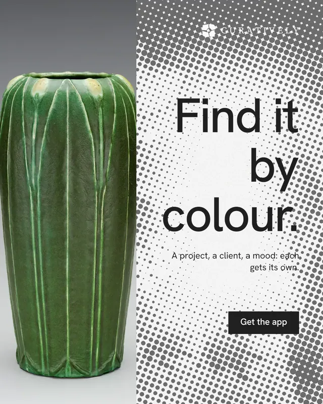 Instagram portrait post for Curatively: "Find it by colour." Split block style, right layout, light palette in green, grey, white.