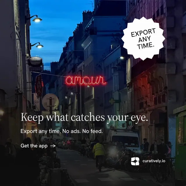 Instagram post for Curatively: "Keep what catches your eye." Minimal luxury style, sticker layout, dark palette in black, blue, pink.