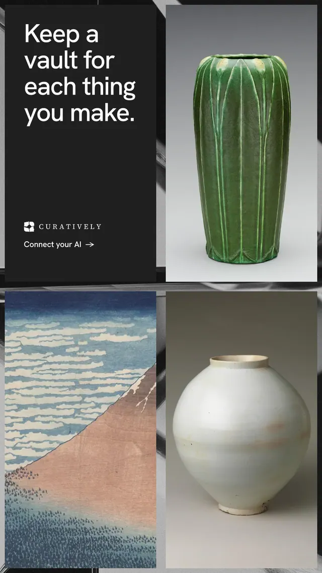 Instagram story for Curatively: "Keep a vault for each thing you make." Minimal luxury style, collage layout, light palette in grey, black.