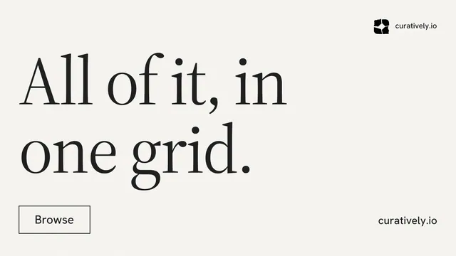 Landscape graphic for Curatively: "All of it, in one grid." Editorial style, poster layout, light palette in white, grey.