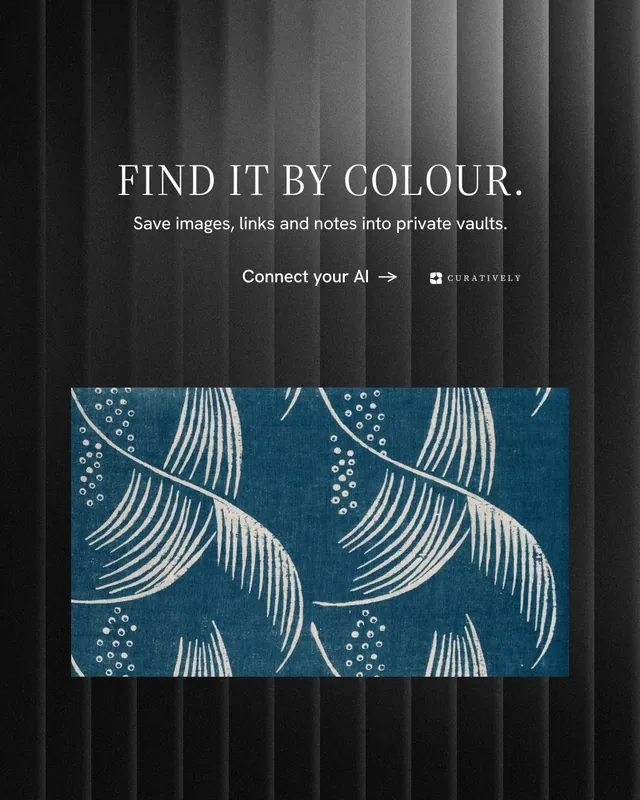 Instagram portrait post for Curatively: "Find it by colour." Minimal luxury style, centred layout, dark palette in blue, grey, black.
